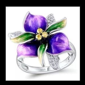 Silver sterling purple enamel flower crystal artisan ring new sz 8
